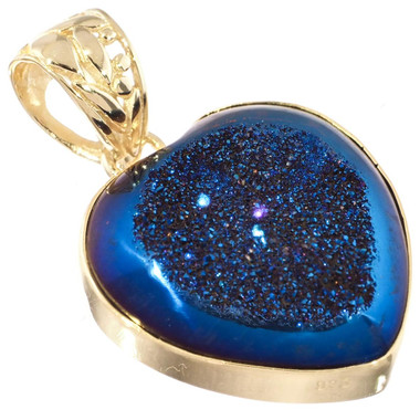 Vermeil 925 Silver Dainty Heart Cobalt Blue Titanium Druzy Agate Pendant, 1 1/4"