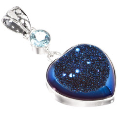 925 Silver Heart Cobalt Blue Titanium Agate Druzy Topaz Sterling Pendant, 1 3/4"