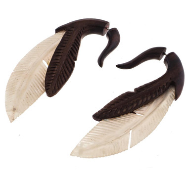 Fake Gauge Wood Mother of Pearl Feather Hand Carving Post Earrings, 2 1/4"