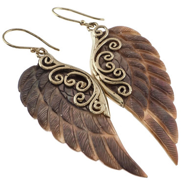 Exquisite Angel Wing Oyster Mother Of Pearl Shell Hand Carving Earrings, 1 5/8"