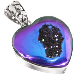 925 Silver Peacock Purple Green Titanium Druzy Agate Sterling Pendant, 1 1/4"