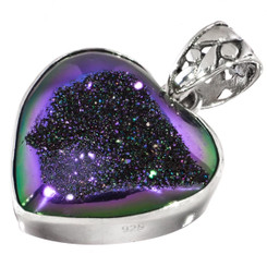 925 Silver Peacock Purple Green Titanium Druzy Agate Sterling Pendant, 1 1/4"