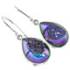 Pear Peacock Purple Green Titanium Druzy 925 Silver Earrings, 3/4"