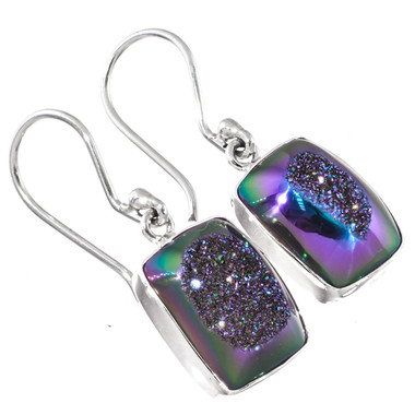 925 Silver Peacock Purple Green Titanium Druzy Agate Sterling Earrings, 5/8"
