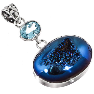 925 Silver Cobalt Blue Titanium Druzy Agate Topaz Sterling Pendant, 2"