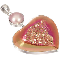 925 Silver Heart Peach Gold Pink Titanium Druzy Mabe Pearl Pendant, 2 3/8"