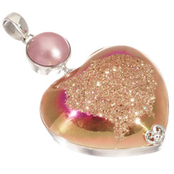 925 Silver Heart Peach Gold Pink Titanium Druzy Mabe Pearl Pendant, 2 3/8"