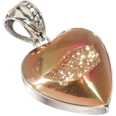 925 Silver Heart Gold-tone Pink Azalea Titanium Druzy Sterling Pendant, 1 1/4"
