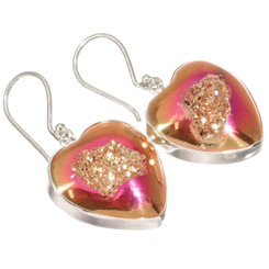 Heart Pink Peach Titanium Drusy 925 Sterling Silver Earrings, 7/8"