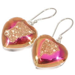 Heart Pink Peach Titanium Drusy 925 Sterling Silver Earrings, 7/8"