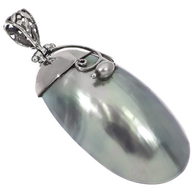 925 Silver Blue Nautilus Shell Freshwater Pearl Sterling Pendant, 2"