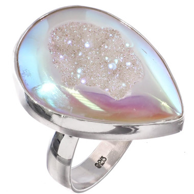 Si-opal White Titanium Druzy 925 Sterling Silver Ring, US 7