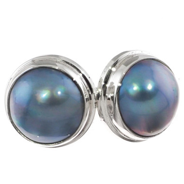 925 Silver 13mm Blue Mabe Ocean Cultured Pearl Stud Post Earrings, 5/8"