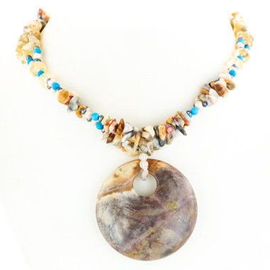 Opulent Picture Jasper Pendant Pearls Silver Necklace, 1 7/8"