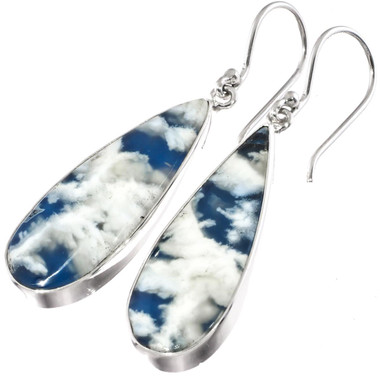 925 Silver Cloudy Blue Sky Plume Agate Slice Sterling Dangle Earrings, 1 3/8"