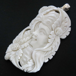 925 Silver Handmade Flower Goddess Bison Bone Sterling Pendant, 3 1/4"