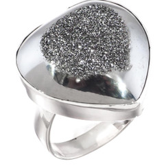 925 Silver Heart Gray Mist Titanium Druzy Agate Sterling Us 7 Adj Ring, 7/8"
