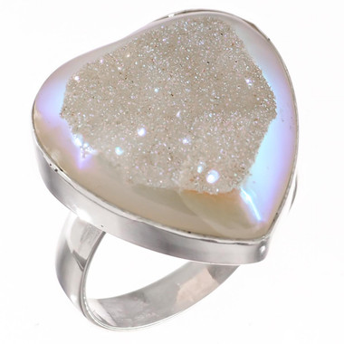 Heart Si-Opal Titanium White Druzy Agate 925 Sterling Silver Adj Sz 9 Ring