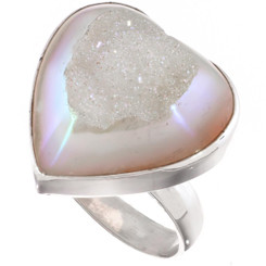 Heart Si-Opal Titanium White Druzy Agate 925 Sterling Silver Adj Sz 8 Ring