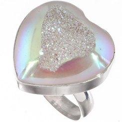 Heart Si-Opal Titanium White Druzy Agate 925 Sterling Silver Adj Sz 6 Ring