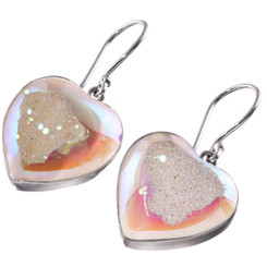 925 Silver Heart Si-Opal Titanium White Druzy Agate Sterling Earrings, 7/8"