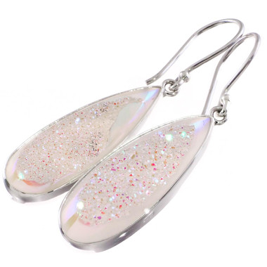 925 Silver Teardrop Opal Titanium Pear Agate Druzy Dangle Drop Earrings, 1 1/4"