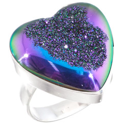 Heart Peacock Purple Green Titanium Agate Druzy 925 Silver Adj Sz 6 Ring