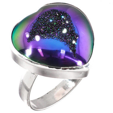 Heart Peacock Purple Green Titanium Agate Druzy 925 Silver Adj Sz 9 Ring