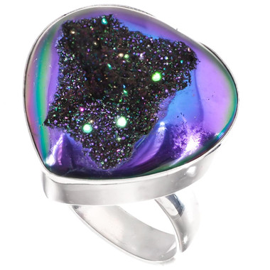 Heart Peacock Purple Green Titanium Agate Druzy 925 Silver Adj Sz 7 Ring