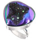 Heart Peacock Purple Green Titanium Agate Druzy 925 Silver Adj Sz 7 Ring