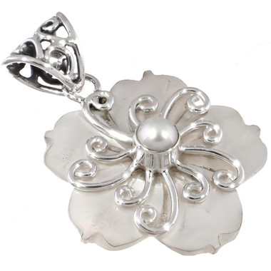 925 Silver Mother Of Pearl Shell Flower Freshwater Pearl Sterling Pendant 1 1/2"