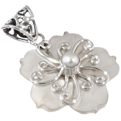 925 Silver Mother Of Pearl Shell Flower Freshwater Pearl Sterling Pendant 1 1/2"