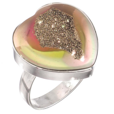 925 Silver Heart Peach Pink Azalea Titanium Druzy Agate Sterling Adj Sz 9 Ring