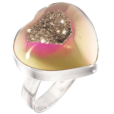 925 Silver Heart Peach Pink Azalea Titanium Druzy Agate Sterling Adj Sz 8 Ring