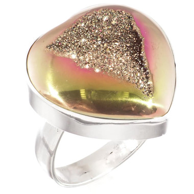 925 Silver Heart Peach Pink Azalea Titanium Druzy Agate Sterling Adj Sz 7 Ring