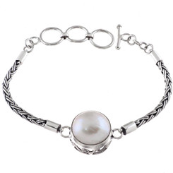 925 Silver White Mabe Cultured Pearl Sterling Byzantine Chain Bracelet, 6.5-7.5"