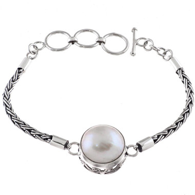 925 Silver White Mabe Cultured Pearl Sterling Byzantine Chain Bracelet, 6.5-7.5"