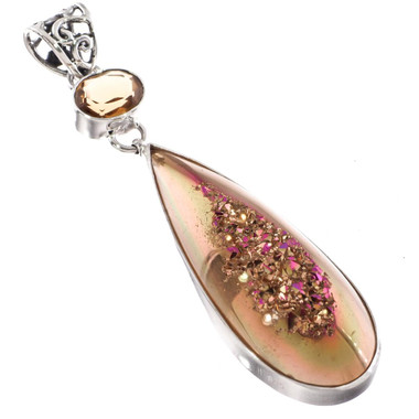 925 Silver Peach Gold-tone Pink Titanium Druzy Citrine Drop Pendant, 2.4"