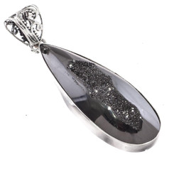 925 Silver Teardrop Black Titanium Druzy Drusy Agate Sterling Pendant, 2"