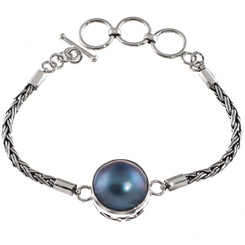 925 Silver Pacific Ocean Blue Mabe Cultured Pearl Sterling Bracelet, 6.5-7.5"
