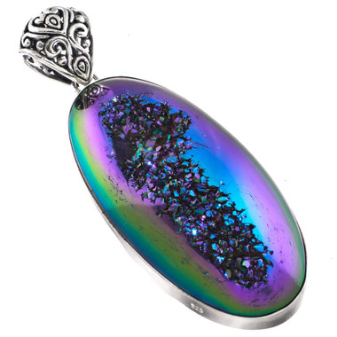Oval Peacock Purple GreenTitanium Druzy 925 Silver Pendant, 2 3/16"