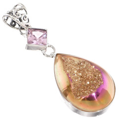 925 Silver Peach Pink Titanium Agate Druzy Pink CZ Sterling Pendant, 2"
