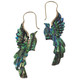 Paua Abalone Shell Phoenix Bird Hand Carving Brass Filigree Earrings, 2.2"