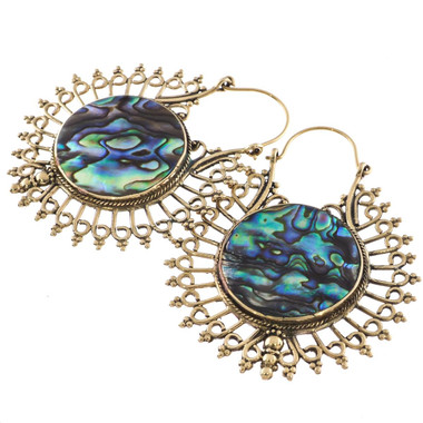 New Zealand Large Paua Abalone Shell Brass Filigree Earrings, 2 1/4"