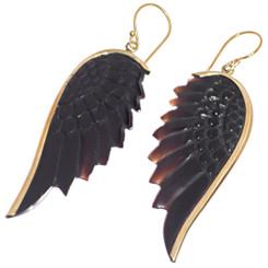Exquisite Angel Wing Black Bison Horn Hand Carving Brass Earrings, 1 7/8"