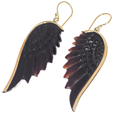 Exquisite Angel Wing Black Bison Horn Hand Carving Brass Earrings, 1 7/8"
