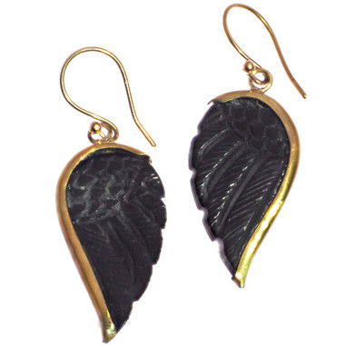 Exquisite Angel Wing Black  Bison Horn Hand Carving Brass Earrings, 7/8"