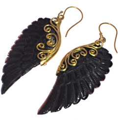 Exquisite Angel Wing Black Bison Horn Hand Carving Brass Earrings, 2"
