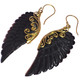 Exquisite Angel Wing Black Bison Horn Hand Carving Brass Earrings, 2"