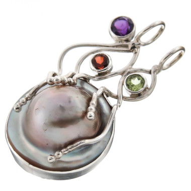 925 Silver Blister Mabe Pearl Peridot Amethyst Sterling Pendant, 1 1/2"